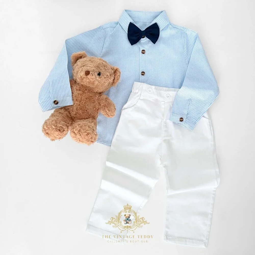 NWT Handsome Boys Dress Shirt, Bow Tie, Pants & Suspenders Matching Set Blue 2T